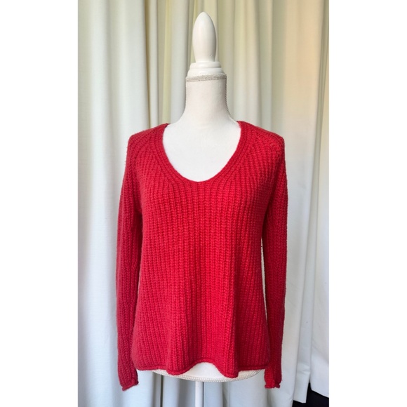 Rag & Bone Joseph Wool Blend V-Neck Sweater in Bright Coral, Size Small - Picture 4 of 14